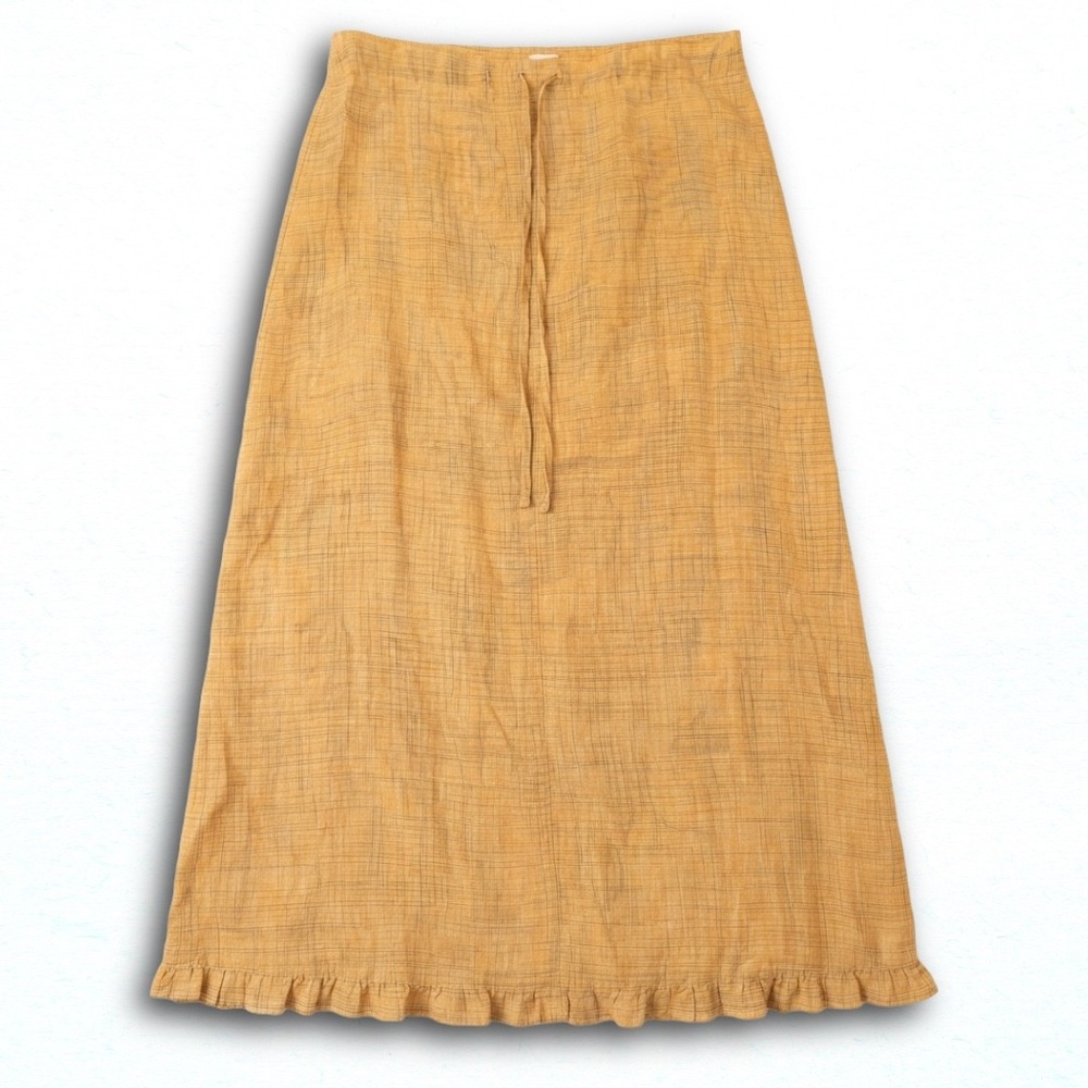Cabi Mustard Yellow Plaid 100% Linen Maxi Skirt Ruffle Hem Style 535 Size Medium